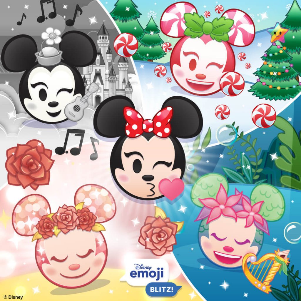 Retro Minnie, Peppermint Minnie, Rose Gold Minnie, Mermaid Minnie, and Minnie Mouse Emojis